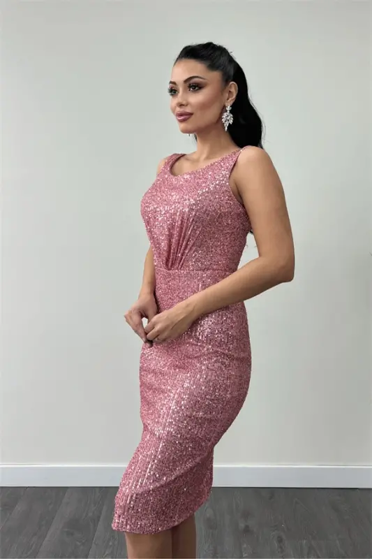 Sequin Fabric Ruched Detail Thick Strap Dress - POWDER - 3