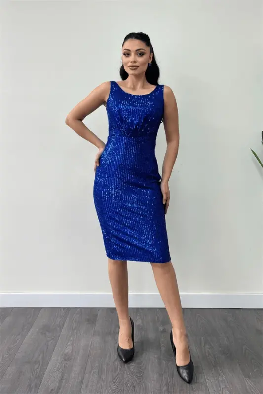 Sequin Fabric Ruched Detail Thick Strap Dress - SAXE BLUE - BÜYÜKBEDENIZ