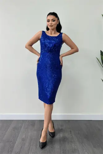 Sequin Fabric Ruched Detail Thick Strap Dress - SAXE BLUE - BÜYÜKBEDENIZ (1)