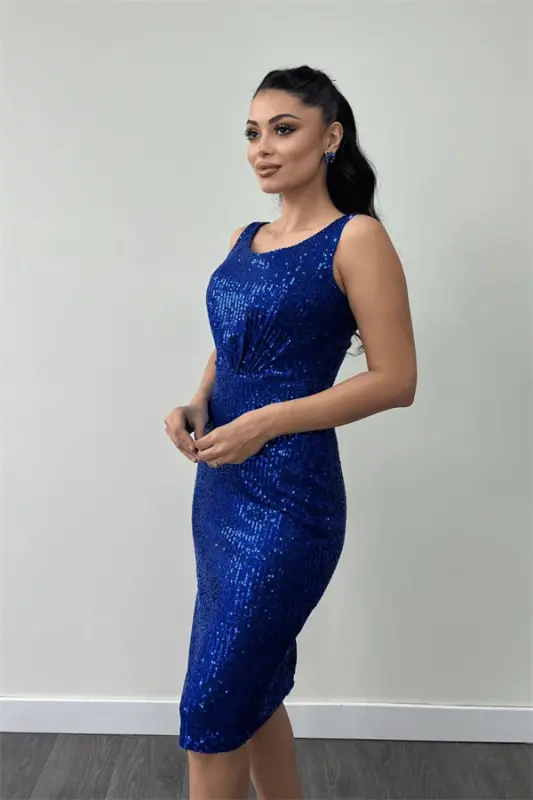 Sequin Fabric Ruched Detail Thick Strap Dress - SAXE BLUE - 4