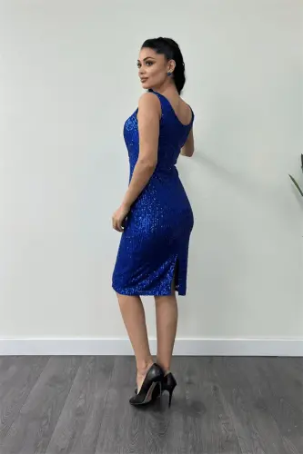 Sequin Fabric Ruched Detail Thick Strap Dress - SAXE BLUE - 5