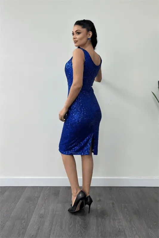 Sequin Fabric Ruched Detail Thick Strap Dress - SAXE BLUE - 5