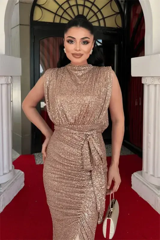 Sequin Fabric Ruched Detailed Evening Dress - BRONZE - BÜYÜKBEDENIZ