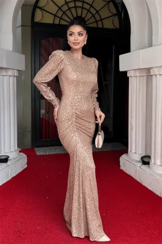 Sequin Fabric Ruched Detailed Evening Dress - BRONZE - 2