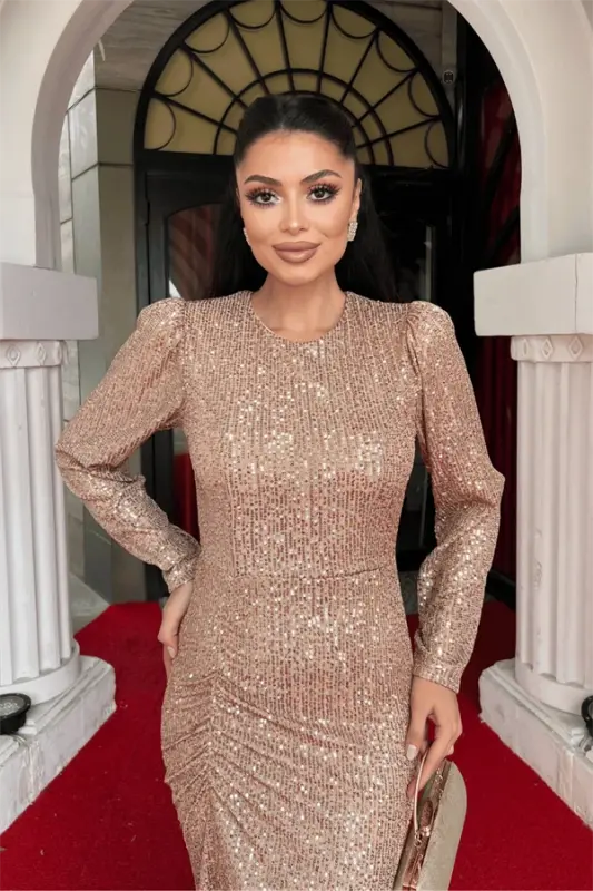 Sequin Fabric Ruched Detailed Evening Dress - BRONZE - 3