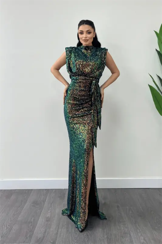 Sequin Fabric Ruched Detailed Evening Dress - BRONZE - 1