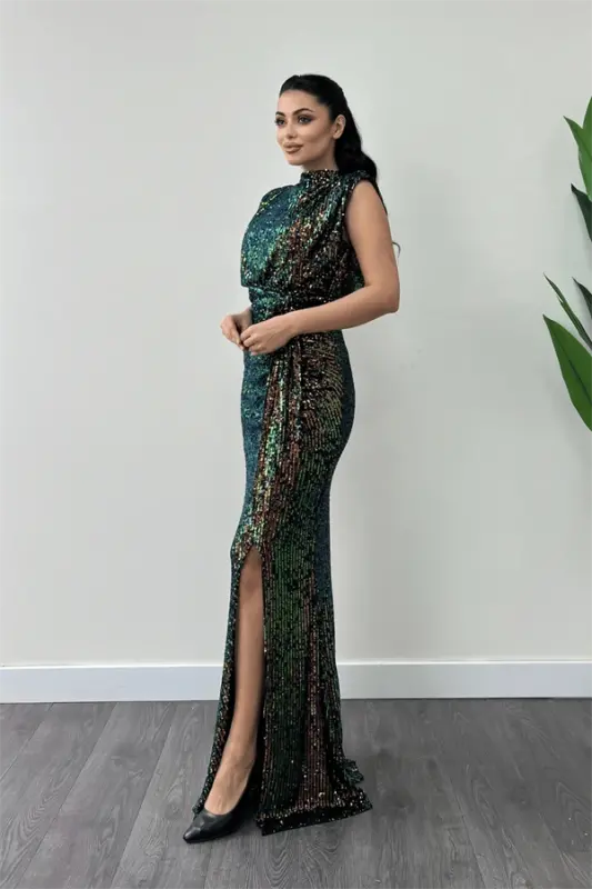 Sequin Fabric Ruched Detailed Evening Dress - BRONZE - 2