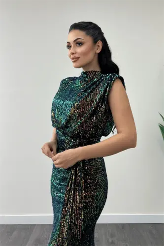 Sequin Fabric Ruched Detailed Evening Dress - BRONZE - 3