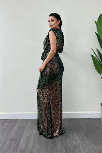 Sequin Fabric Ruched Detailed Evening Dress - BRONZE - 5