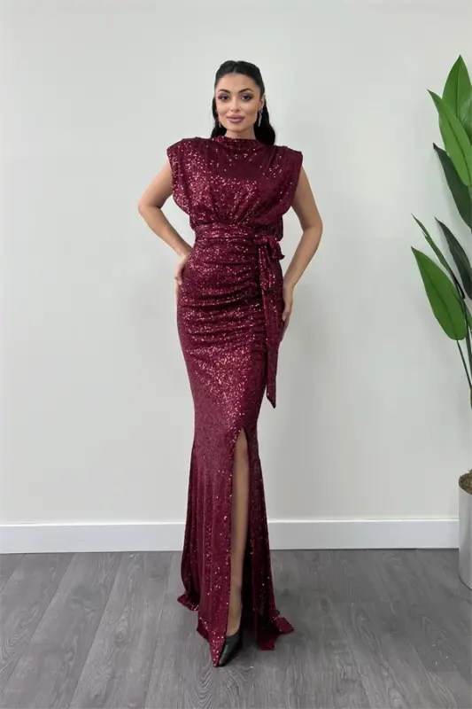 Sequin Fabric Ruched Detailed Evening Dress - BURGUNDY - 1