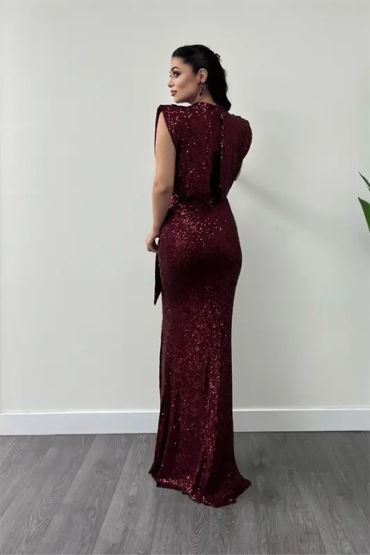 Sequin Fabric Ruched Detailed Evening Dress - BURGUNDY - 5