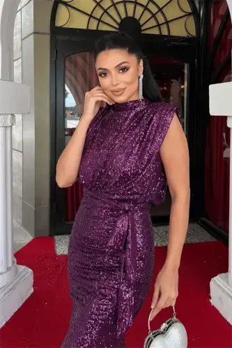 Sequin Fabric Ruched Detailed Evening Dress - EGGPLANT PURPLE - 3