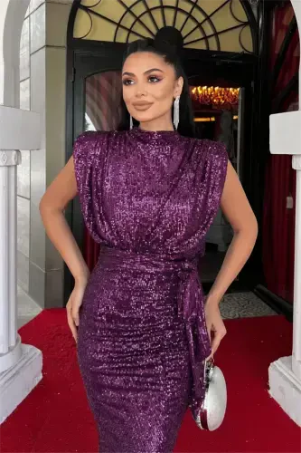 Sequin Fabric Ruched Detailed Evening Dress - EGGPLANT PURPLE - 4
