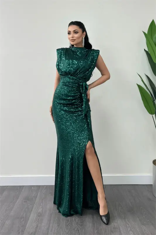 Sequin Fabric Ruched Detailed Evening Dress - EMERALD GREEN - 1
