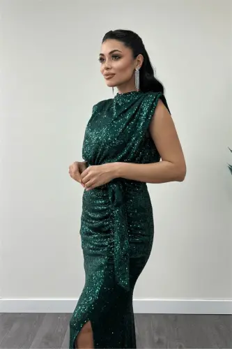 Sequin Fabric Ruched Detailed Evening Dress - EMERALD GREEN - 3