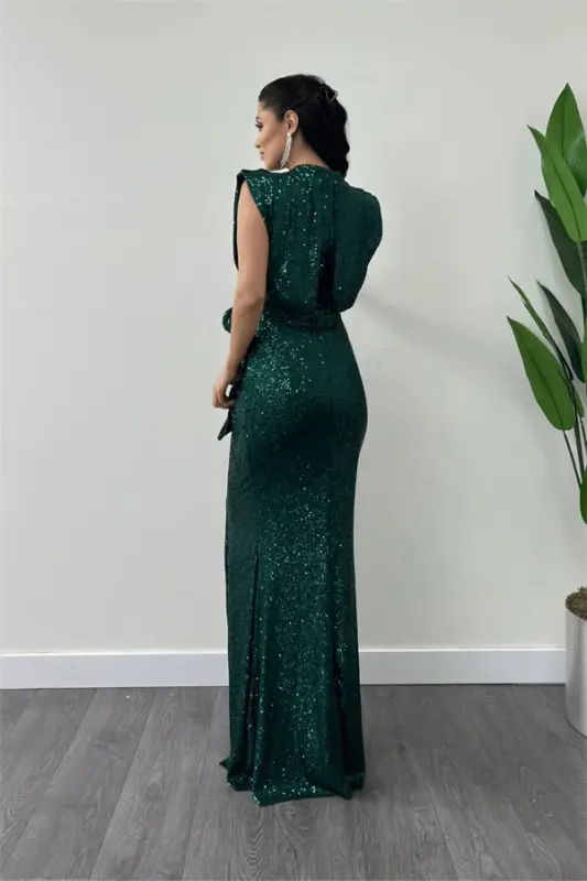 Sequin Fabric Ruched Detailed Evening Dress - EMERALD GREEN - 4