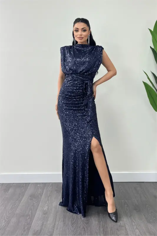 Sequin Fabric Ruched Detailed Evening Dress - NAVY BLUE - BÜYÜKBEDENIZ