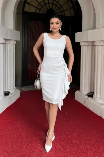 Sequin Fabric Ruffle Detail Pencil Dress - WHITE - 1