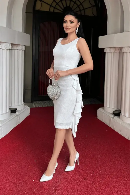 Sequin Fabric Ruffle Detail Pencil Dress - WHITE - 2