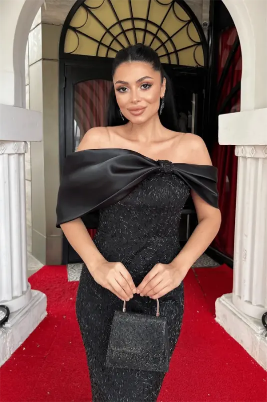 Sequin Fabric Satin Boat Neck Pencil Dress - BLACK - 3