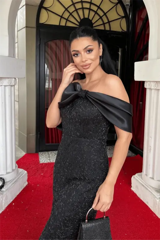 Sequin Fabric Satin Boat Neck Pencil Dress - BLACK - 4