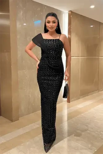 Sequin Fabric Shawl Detailed Evening Dress - BLACK - BÜYÜKBEDENIZ (1)