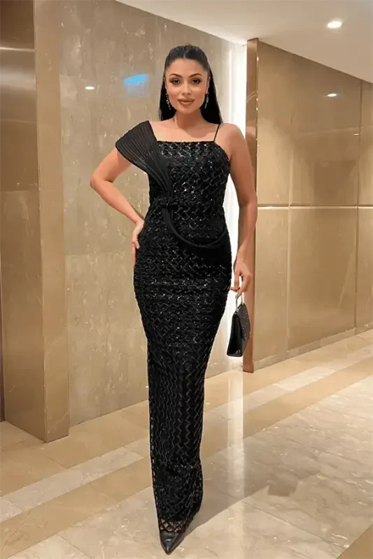 Sequin Fabric Shawl Detailed Evening Dress - BLACK - 2