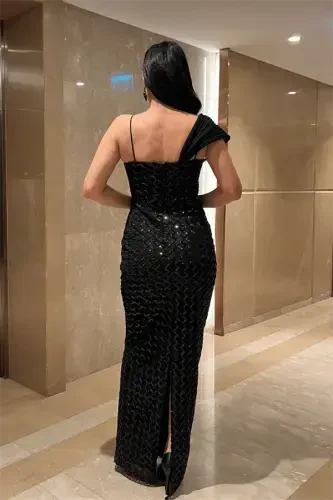 Sequin Fabric Shawl Detailed Evening Dress - BLACK - 5