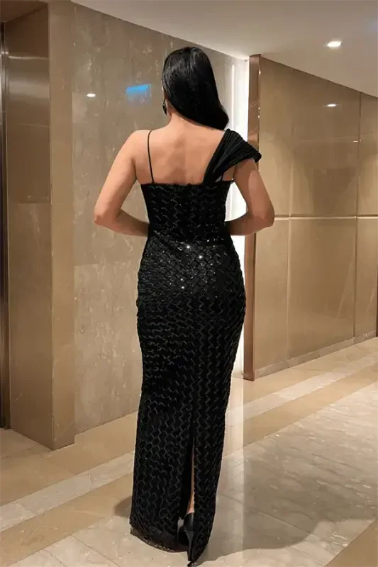 Sequin Fabric Shawl Detailed Evening Dress - BLACK - 5