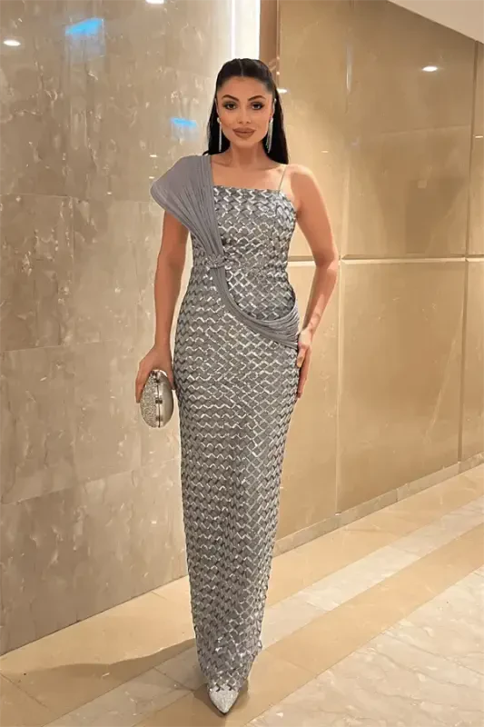 Sequin Fabric Shawl Detailed Evening Dress - SILVER - BÜYÜKBEDENIZ