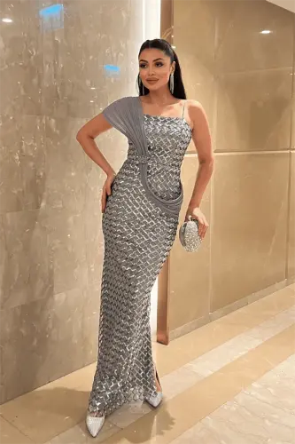 Sequin Fabric Shawl Detailed Evening Dress - SILVER - BÜYÜKBEDENIZ (1)