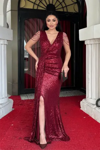 Sequin Fabric Shoulder Tassel Bead Fish Dress - BURGUNDY - 1