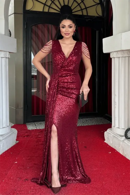 Sequin Fabric Shoulder Tassel Bead Fish Dress - BURGUNDY - BÜYÜKBEDENIZ