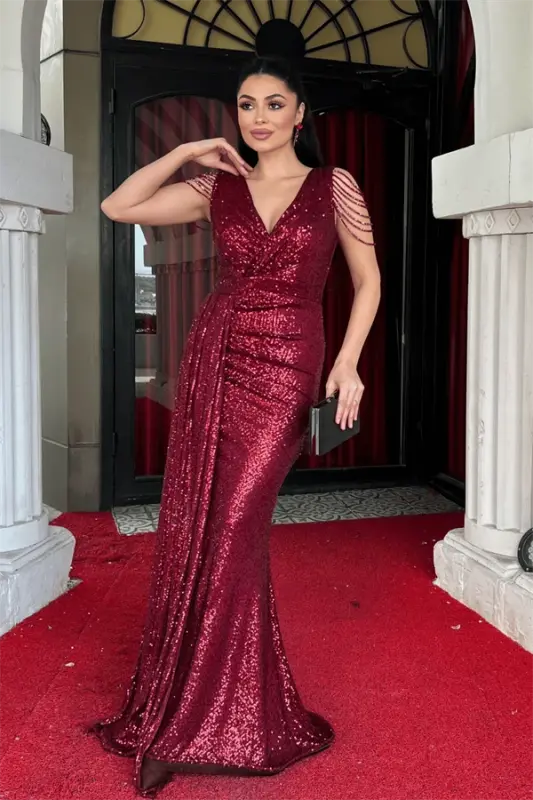 Sequin Fabric Shoulder Tassel Bead Fish Dress - BURGUNDY - 2