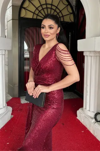 Sequin Fabric Shoulder Tassel Bead Fish Dress - BURGUNDY - 4