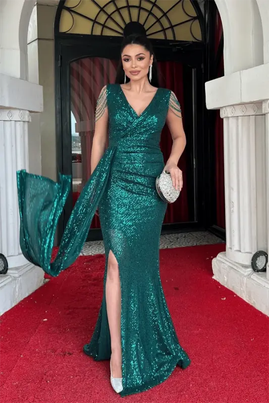 Sequin Fabric Shoulder Tassel Beaded Fish Dress - EMERALD GREEN - 2