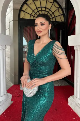 Sequin Fabric Shoulder Tassel Beaded Fish Dress - EMERALD GREEN - 3