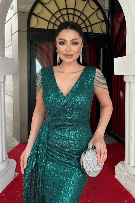 Sequin Fabric Shoulder Tassel Beaded Fish Dress - EMERALD GREEN - 4