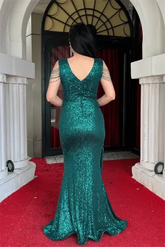 Sequin Fabric Shoulder Tassel Beaded Fish Dress - EMERALD GREEN - 5