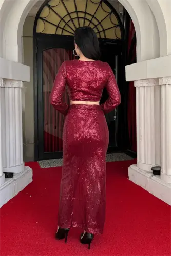 Sequin Fabric Skirt Bustier Set - BURGUNDY - 5
