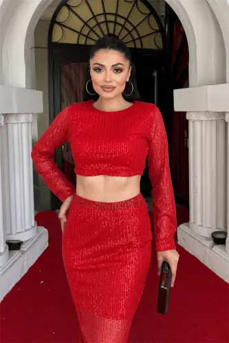 Sequin Fabric Skirt Bustier Set - RED - 3