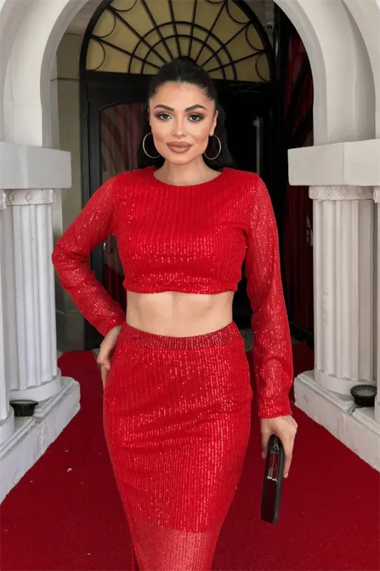 Sequin Fabric Skirt Bustier Set - RED - 3