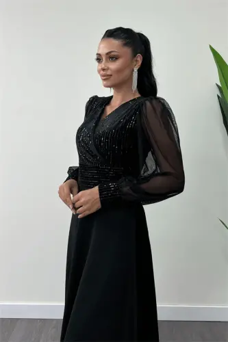 Sequin Fabric Sleeve Tulle Evening Dress - BLACK - 3