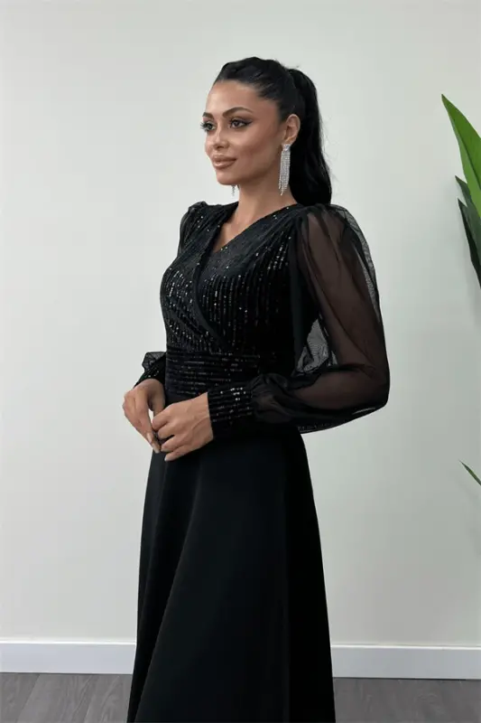 Sequin Fabric Sleeve Tulle Evening Dress - BLACK - 3