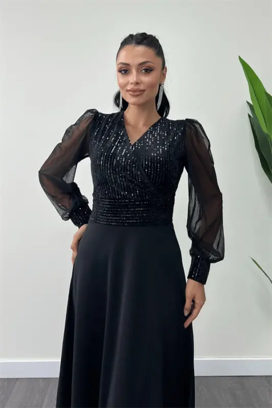 Sequin Fabric Sleeve Tulle Evening Dress - BLACK - 4