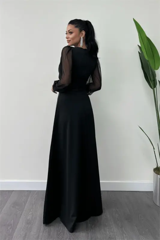 Sequin Fabric Sleeve Tulle Evening Dress - BLACK - 5