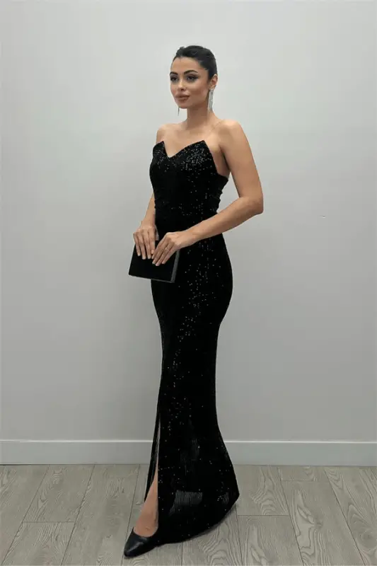 Sequin Fabric Slit Mermaid Dress - BLACK - 2