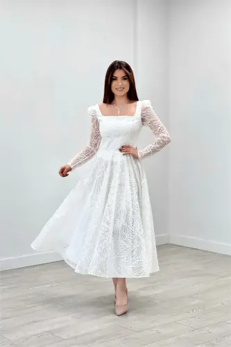 Sequin Fabric Square Neck Midi Dress - WHITE - 1