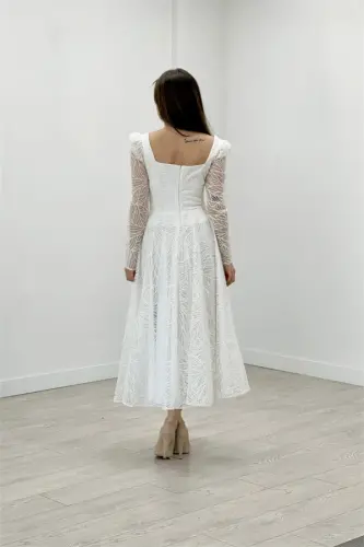 Sequin Fabric Square Neck Midi Dress - WHITE - 5