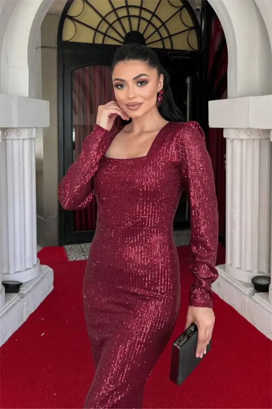 Sequin Fabric Square Neck Pencil Dress - BURGUNDY - 4